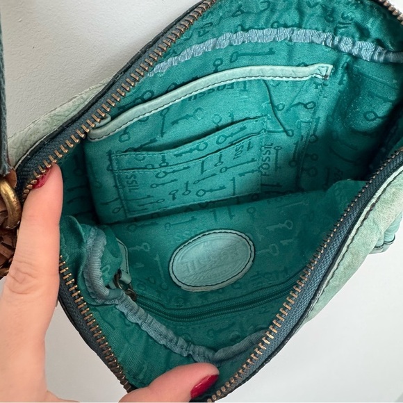 Fossil turquoise Leather Crossbody Bag boho western shabby chic coastal cowgirl - Picture 7 of 11